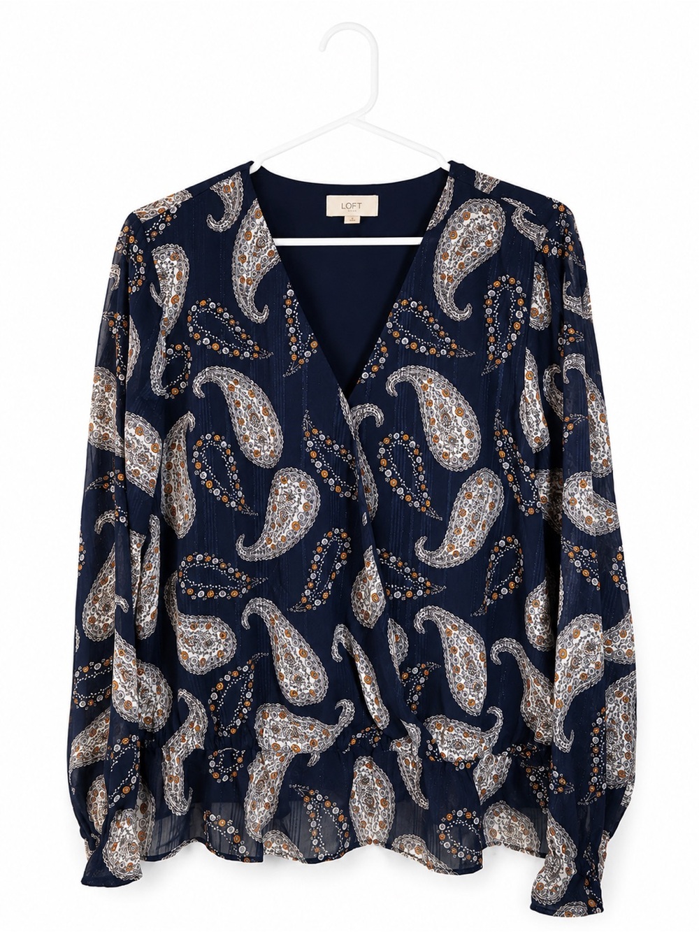 LOFT Navy Paisley Faux Wrap Blouse Elastic Waist Long Sleeve Flowy Sz L